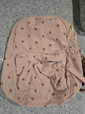 Pink Corduroy Backpack with Strawberry Print